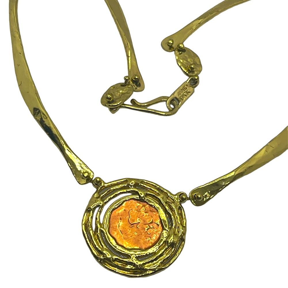 Vintage ANNE DICK Brutalist Necklace Modernist gold tone copper colored disc